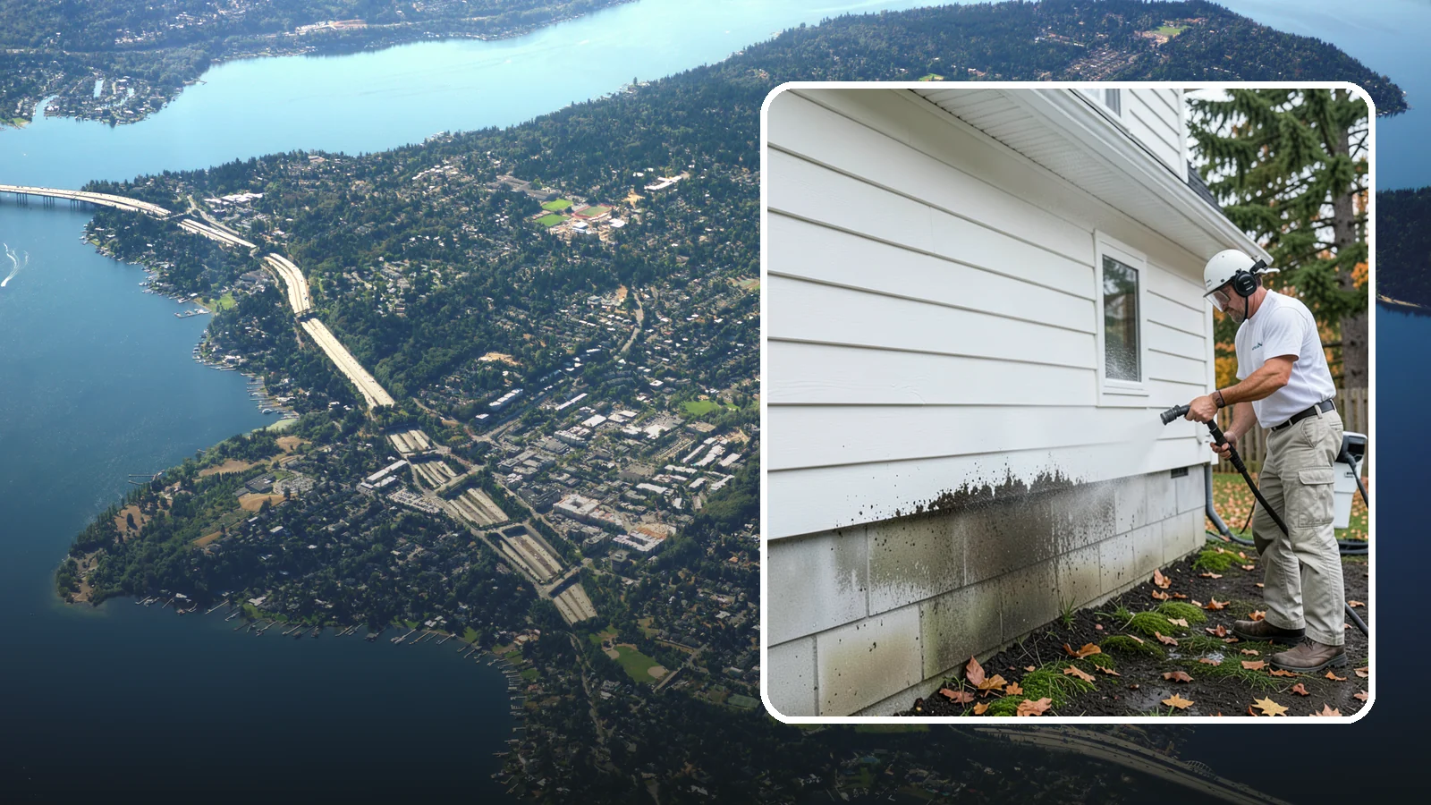 Foundation Cleaning in Mercer Island, King County, WA - We wash exposed foundation walls to clear the mud splash, moss, and efflorescence that build along the base of the home.