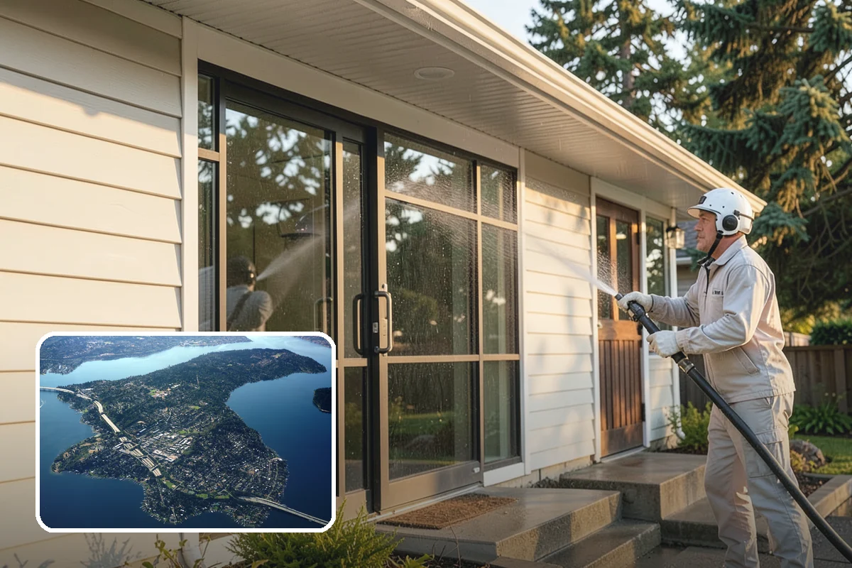 Foundation Cleaning in Mercer Island, King County, WA - Removes mud splash and moss from the base of the home