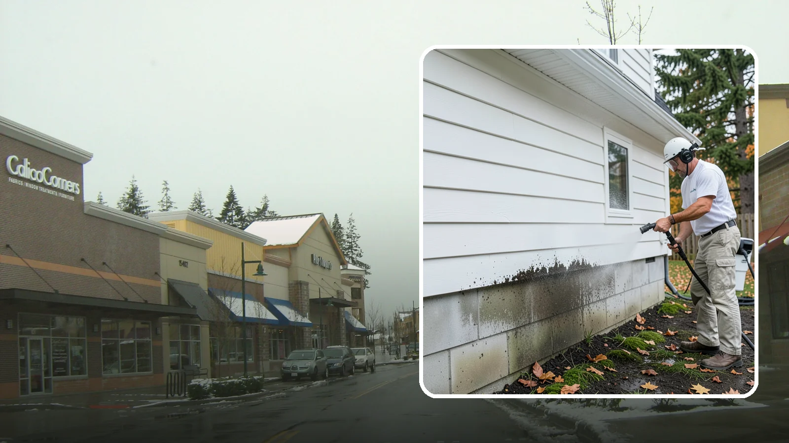Foundation Cleaning in Mill Creek, Snohomish County, WA - We wash exposed foundation walls to clear the mud splash, moss, and efflorescence that build along the base of the home.