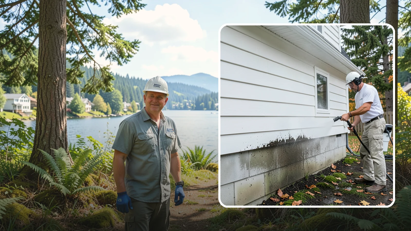 Foundation Cleaning in Milton, King County, WA - We wash exposed foundation walls to clear the mud splash, moss, and efflorescence that build along the base of the home.