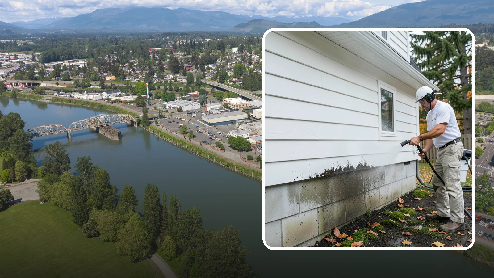 Foundation Cleaning in Mount Vernon, Skagit County, WA - We wash exposed foundation walls to clear the mud splash, moss, and efflorescence that build along the base of the home.