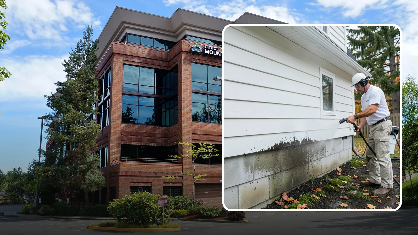 Foundation Cleaning in Mountlake Terrace, Snohomish County, WA - We wash exposed foundation walls to clear the mud splash, moss, and efflorescence that build along the base of the home.