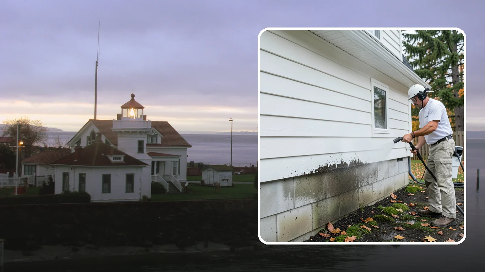 Foundation Cleaning in Mukilteo, Snohomish County, WA - We wash exposed foundation walls to clear the mud splash, moss, and efflorescence that build along the base of the home.