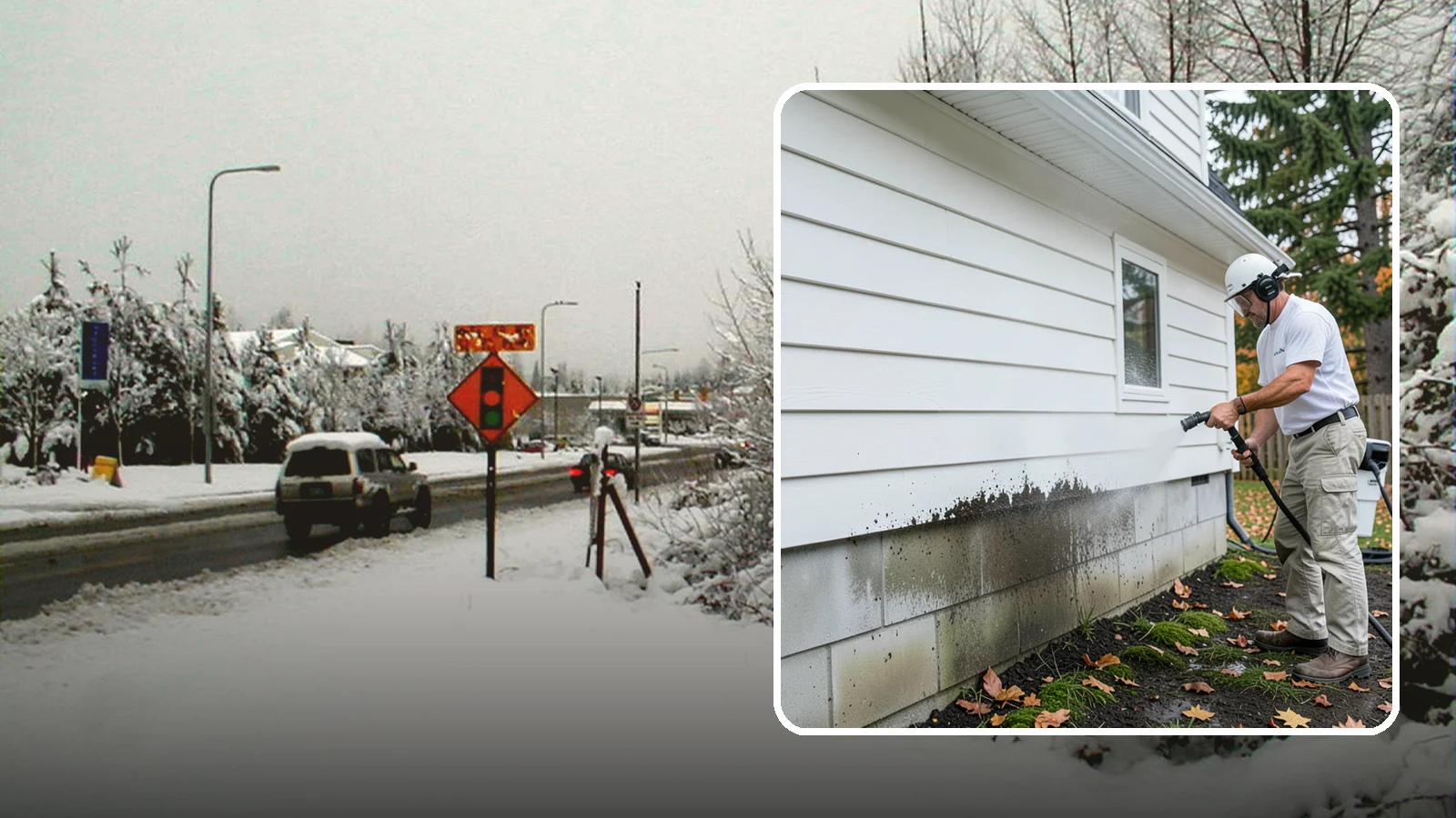 Foundation Cleaning in Newcastle, King County, WA - We wash exposed foundation walls to clear the mud splash, moss, and efflorescence that build along the base of the home.