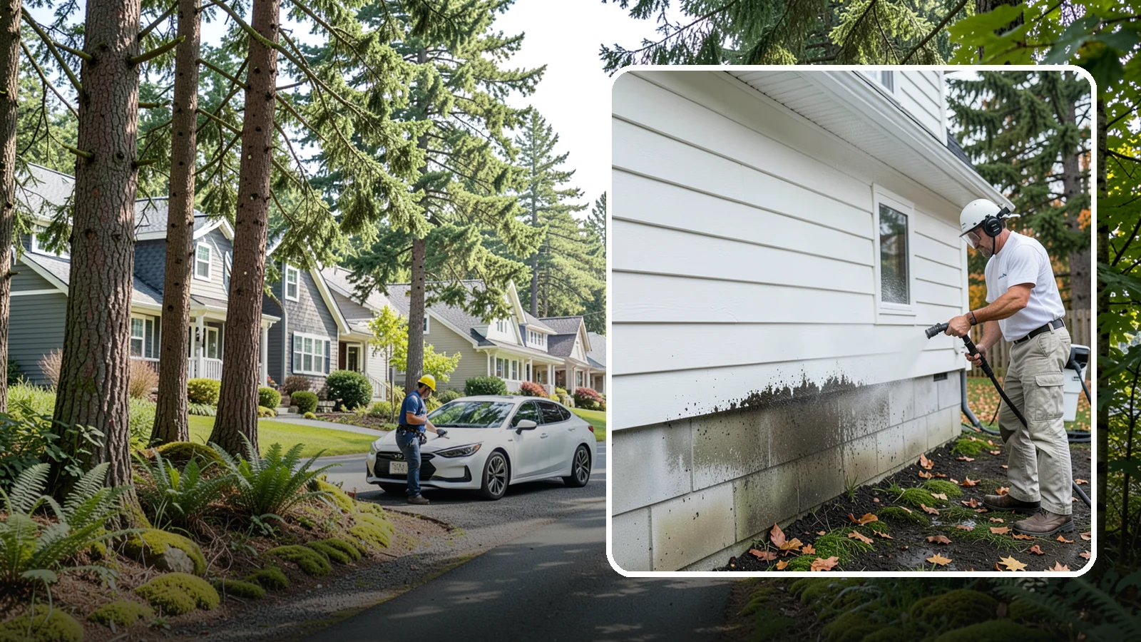 Foundation Cleaning in Normandy Park, King County, WA - We wash exposed foundation walls to clear the mud splash, moss, and efflorescence that build along the base of the home.