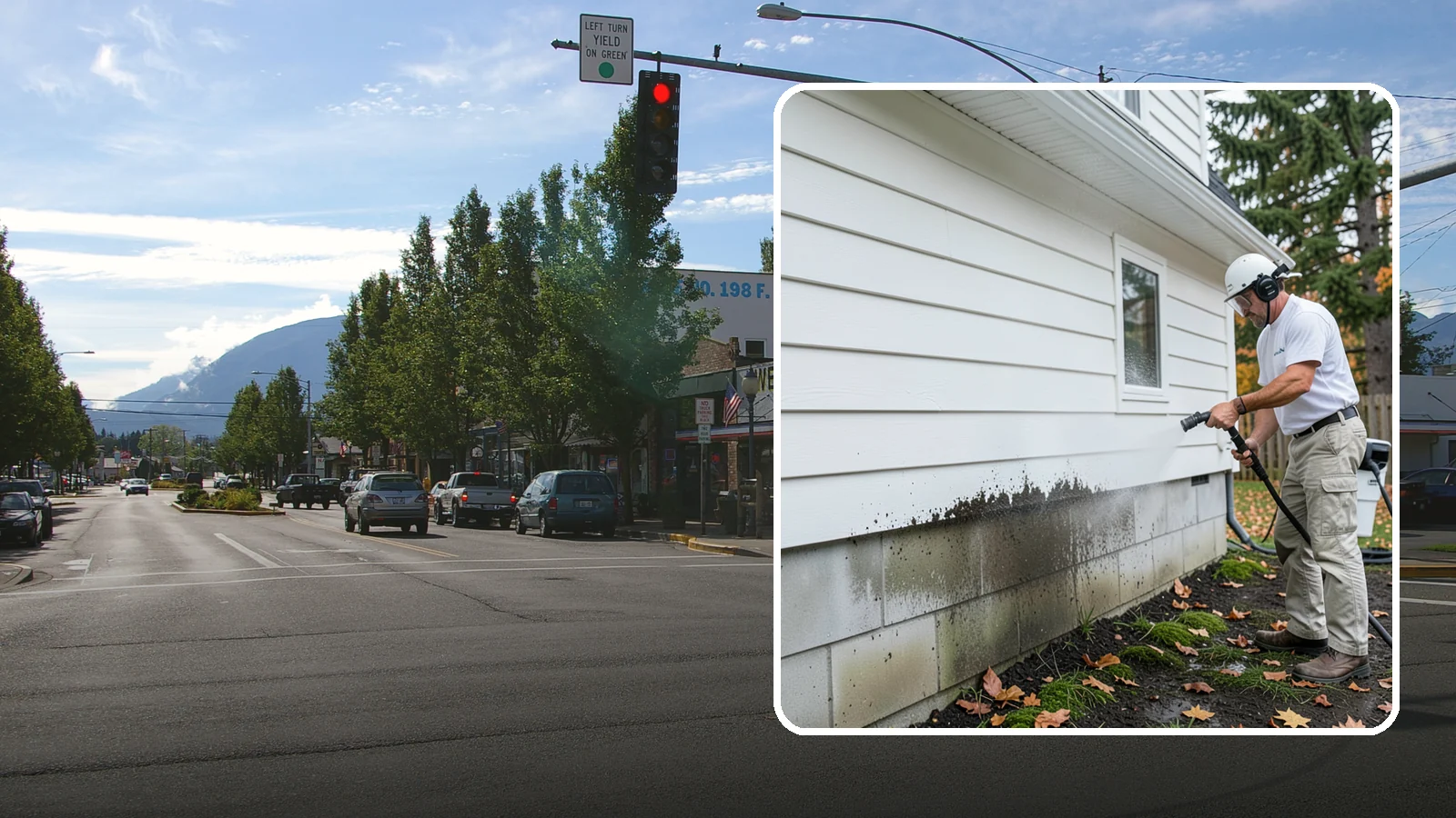 Foundation Cleaning in North Bend, King County, WA - We wash exposed foundation walls to clear the mud splash, moss, and efflorescence that build along the base of the home.