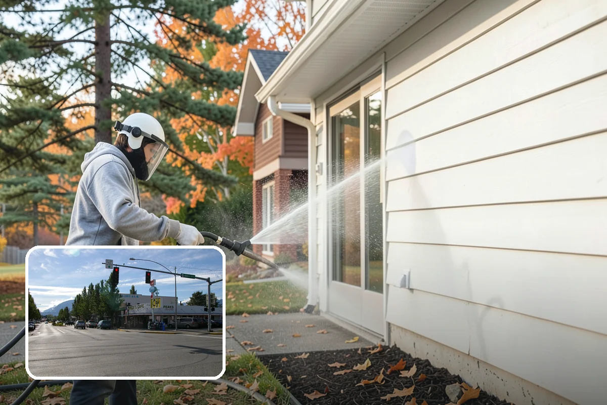 Foundation Cleaning in North Bend, King County, WA - Removes mud splash and moss from the base of the home
