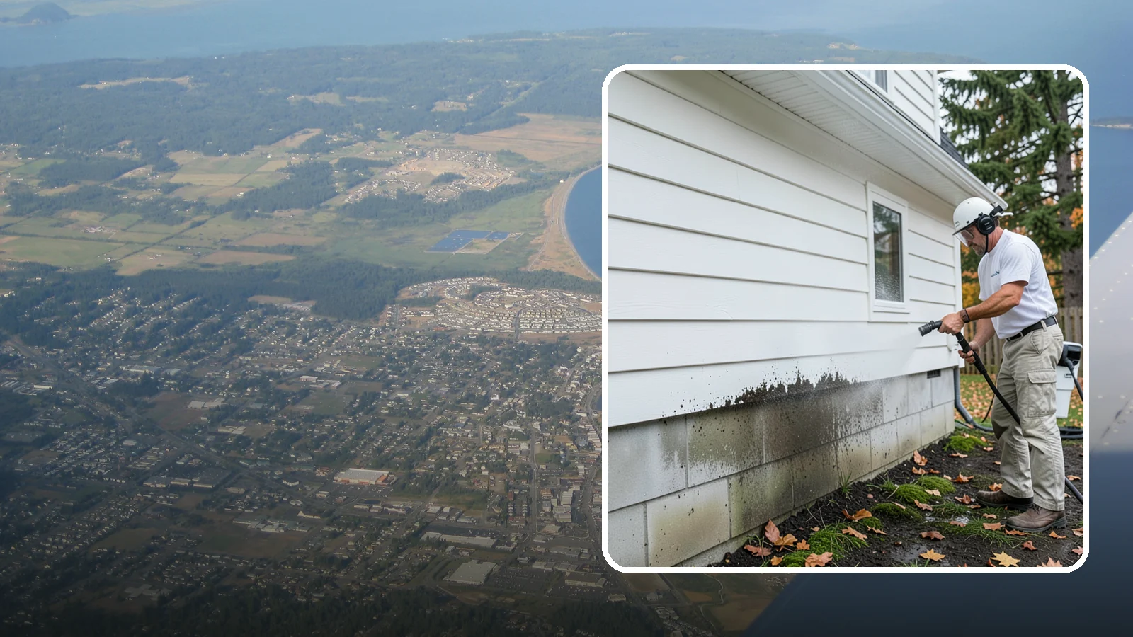 Foundation Cleaning in Oak Harbor, Island County, WA - We wash exposed foundation walls to clear the mud splash, moss, and efflorescence that build along the base of the home.