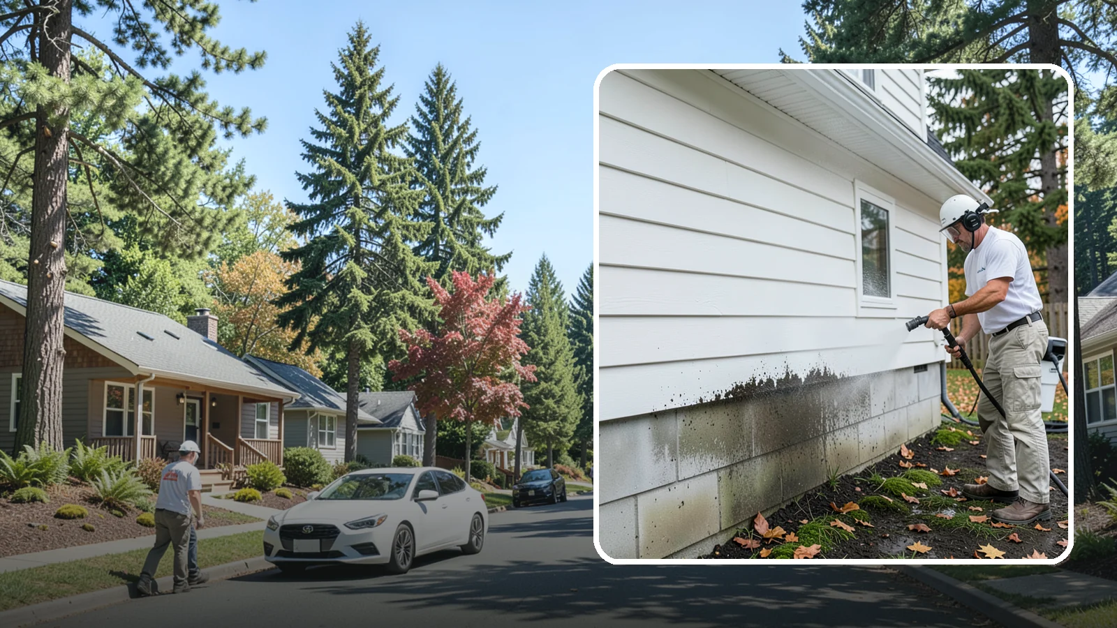 Foundation Cleaning in Orting, Pierce County, WA - We wash exposed foundation walls to clear the mud splash, moss, and efflorescence that build along the base of the home.