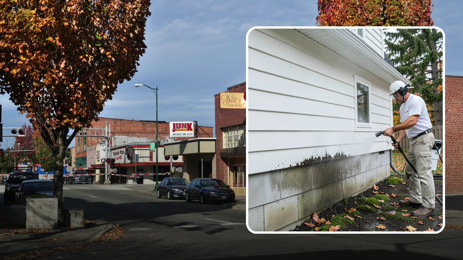 Foundation Cleaning in Puyallup, Pierce County, WA - We wash exposed foundation walls to clear the mud splash, moss, and efflorescence that build along the base of the home.