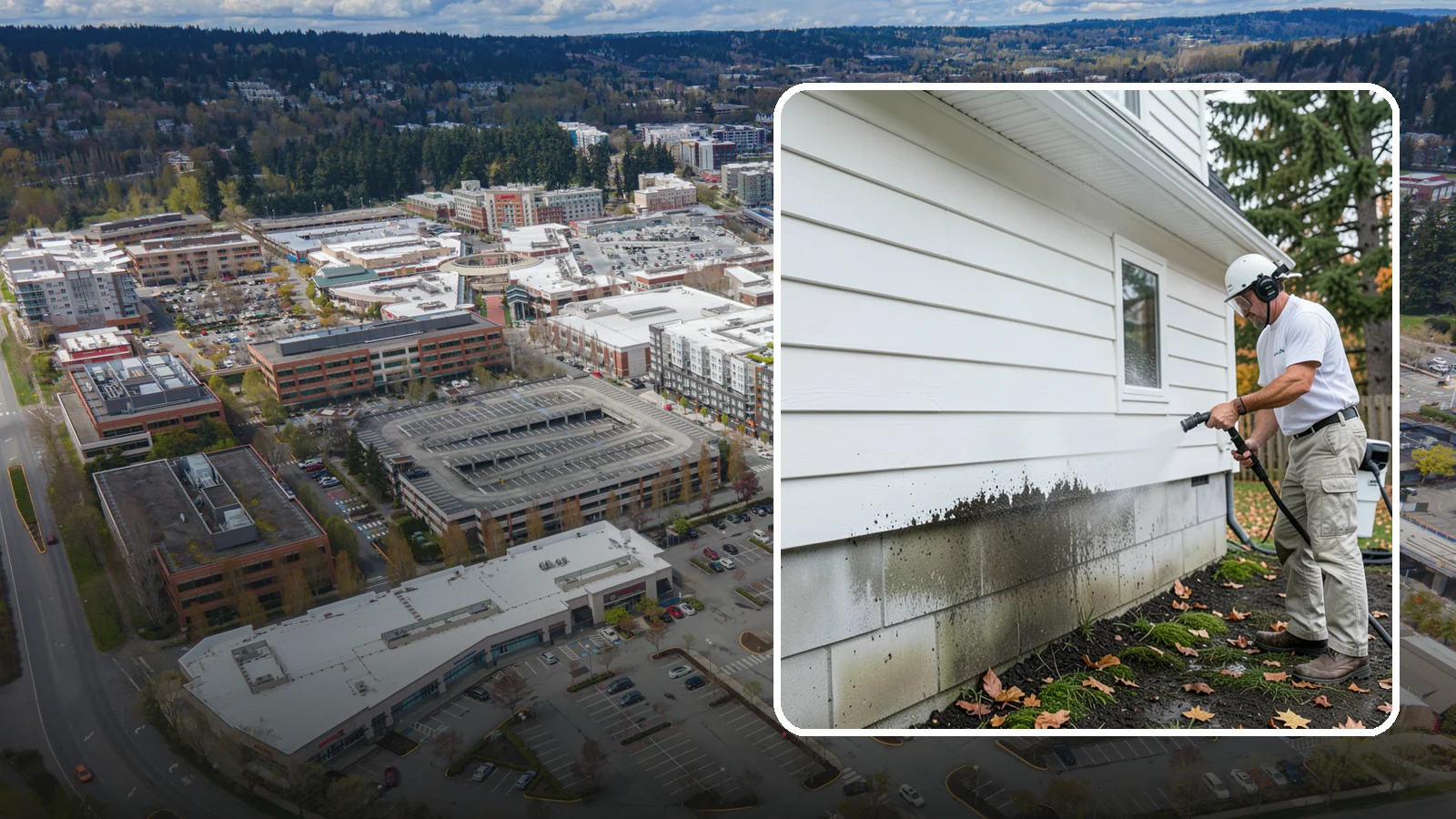 Foundation Cleaning in Redmond, King County, WA - We wash exposed foundation walls to clear the mud splash, moss, and efflorescence that build along the base of the home.