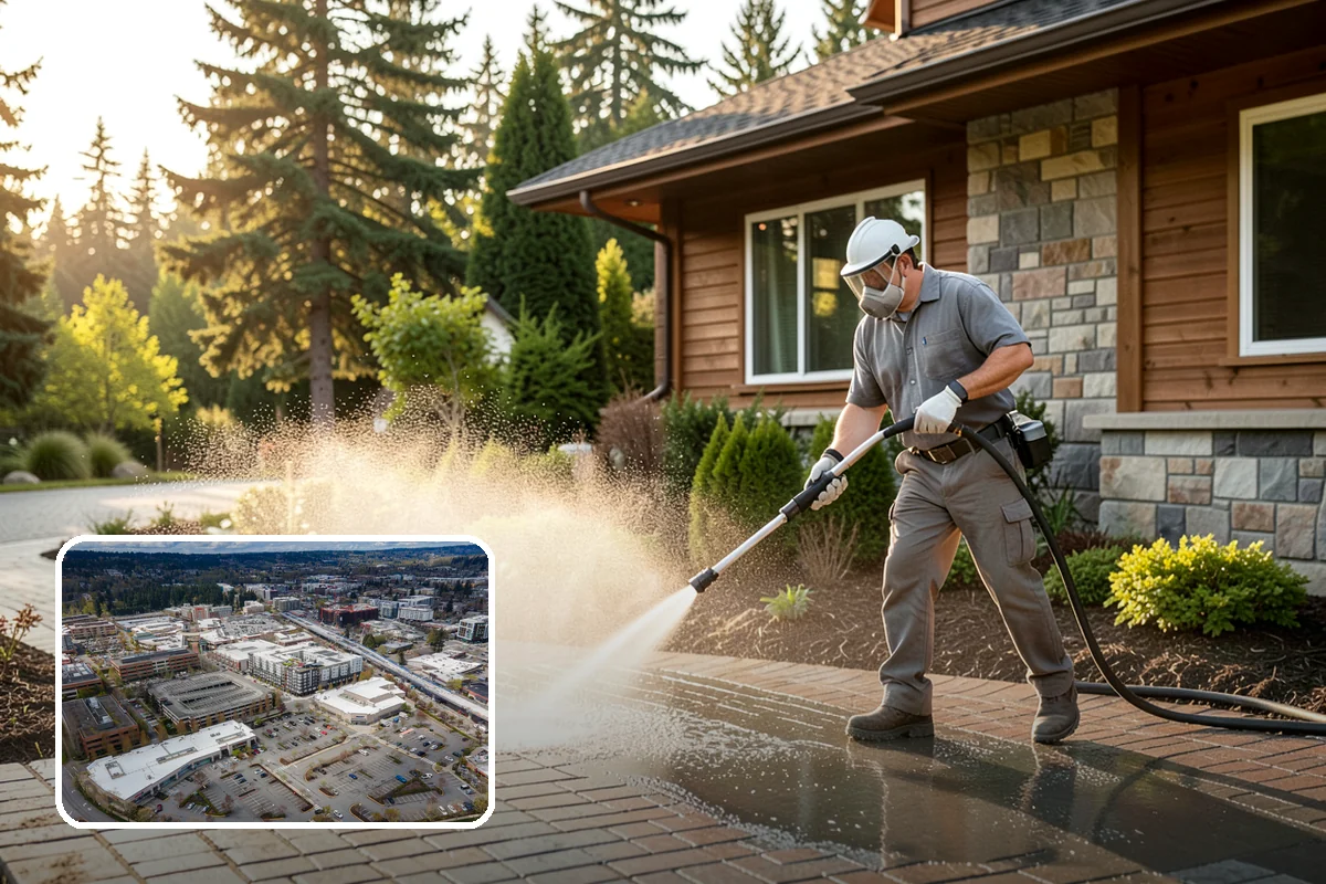 Foundation Cleaning in Redmond, King County, WA - Removes mud splash and moss from the base of the home