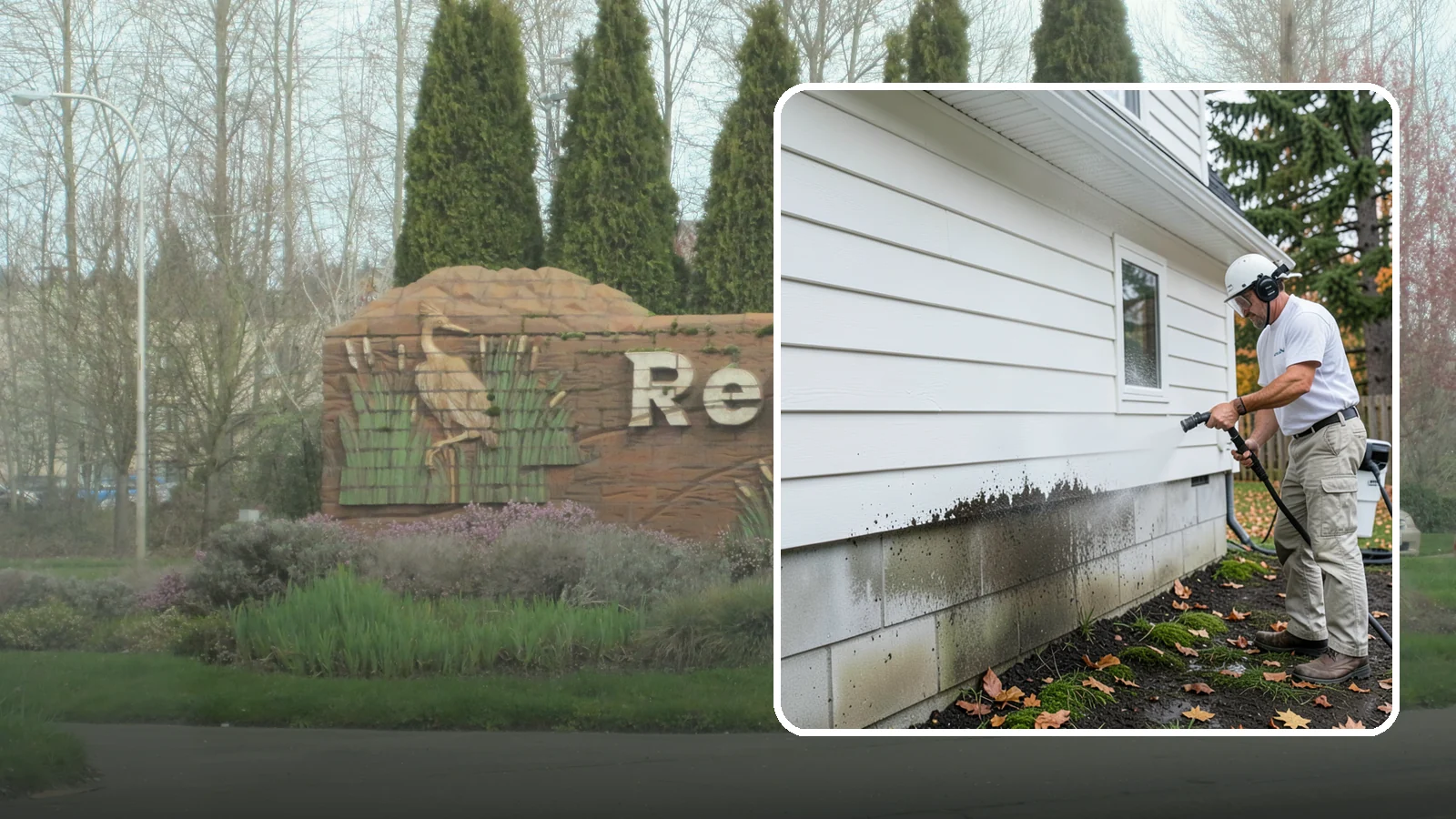 Foundation Cleaning in Renton, King County, WA - We wash exposed foundation walls to clear the mud splash, moss, and efflorescence that build along the base of the home.