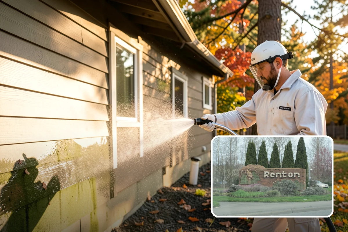 Foundation Cleaning in Renton, King County, WA - Removes mud splash and moss from the base of the home