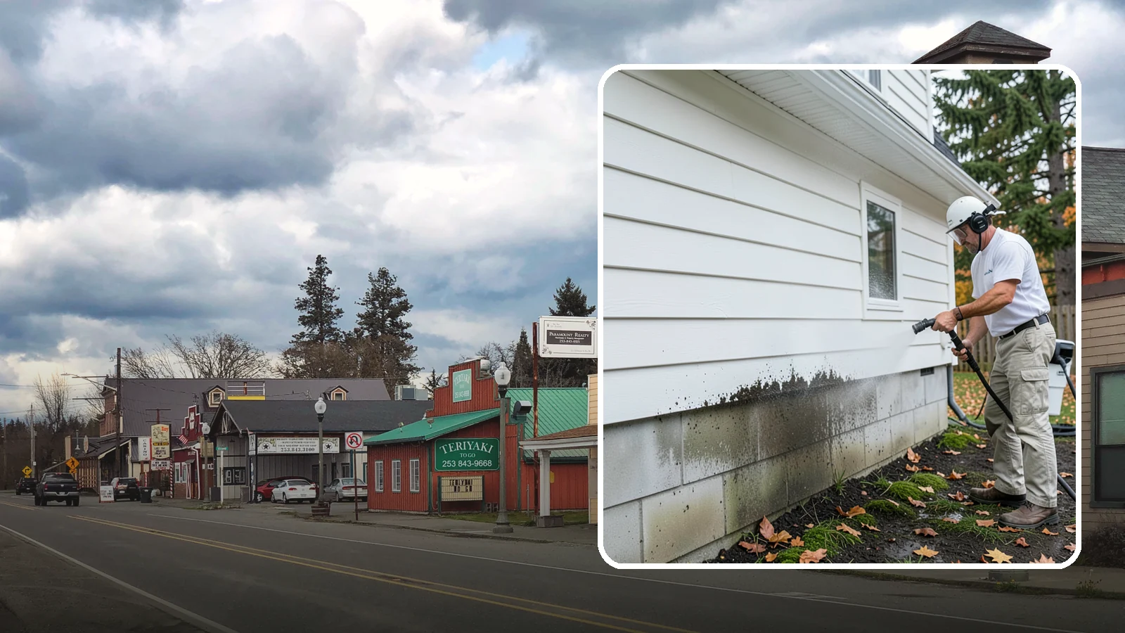 Foundation Cleaning in Roy, Pierce County, WA - We wash exposed foundation walls to clear the mud splash, moss, and efflorescence that build along the base of the home.