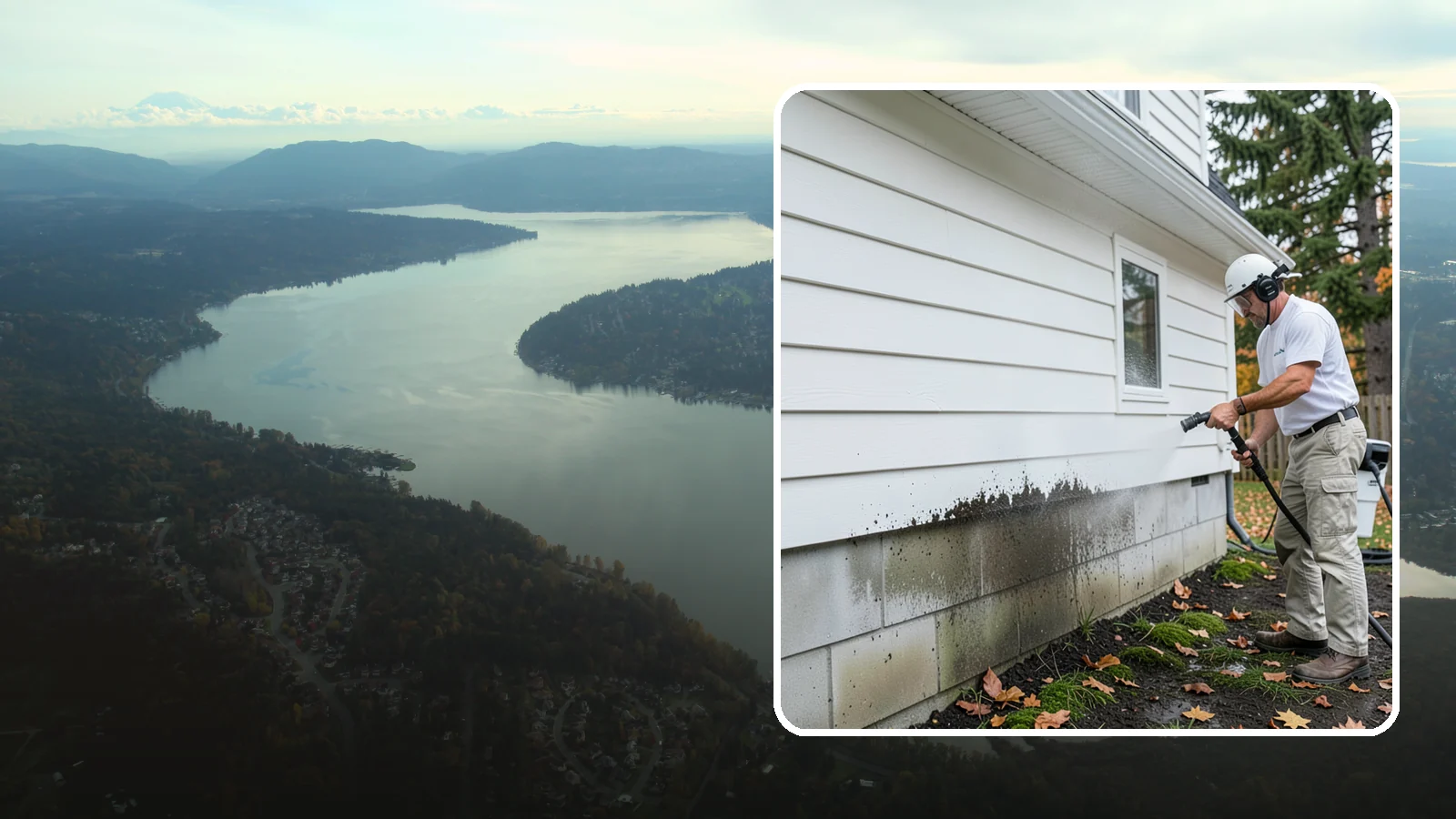Foundation Cleaning in Sammamish, King County, WA - We wash exposed foundation walls to clear the mud splash, moss, and efflorescence that build along the base of the home.