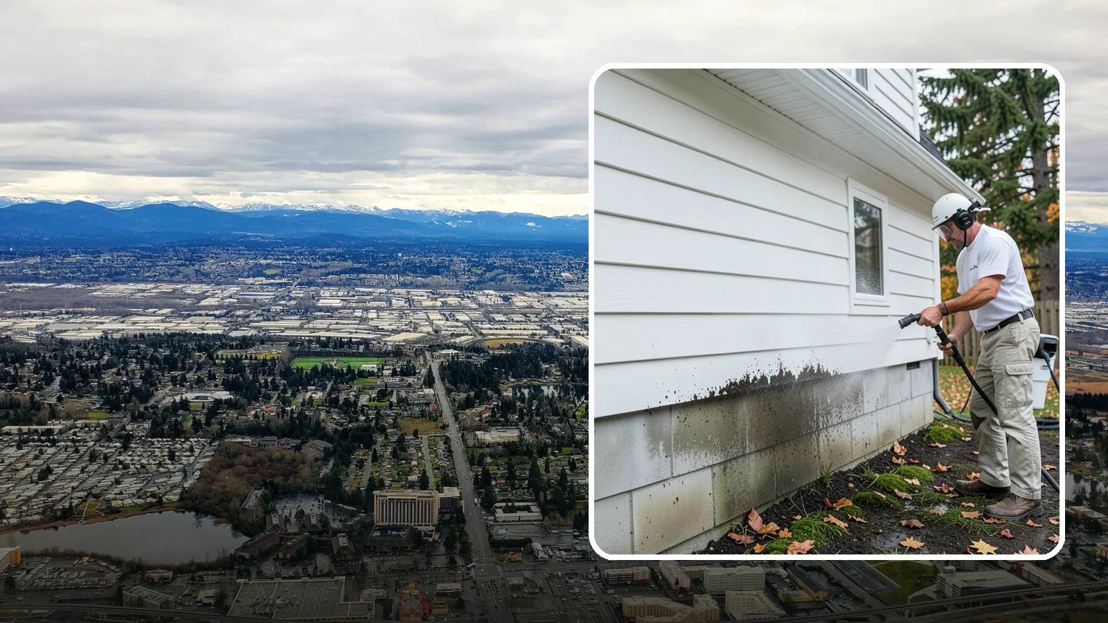 Foundation Cleaning in SeaTac, King County, WA - We wash exposed foundation walls to clear the mud splash, moss, and efflorescence that build along the base of the home.