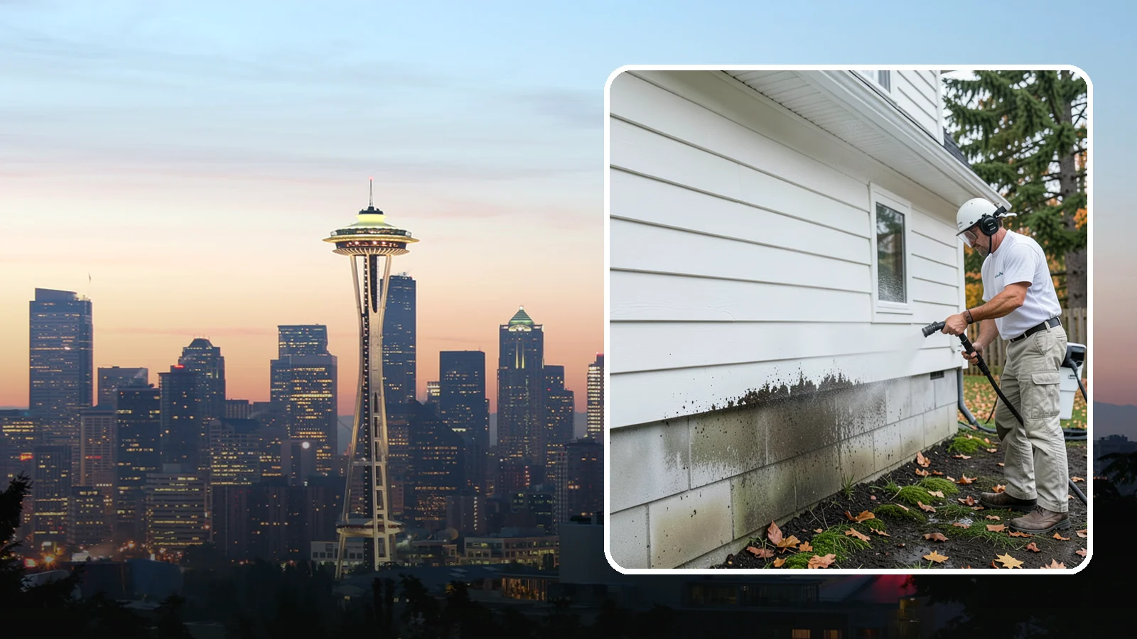 Foundation Cleaning in Seattle, King County, WA - We wash exposed foundation walls to clear the mud splash, moss, and efflorescence that build along the base of the home.