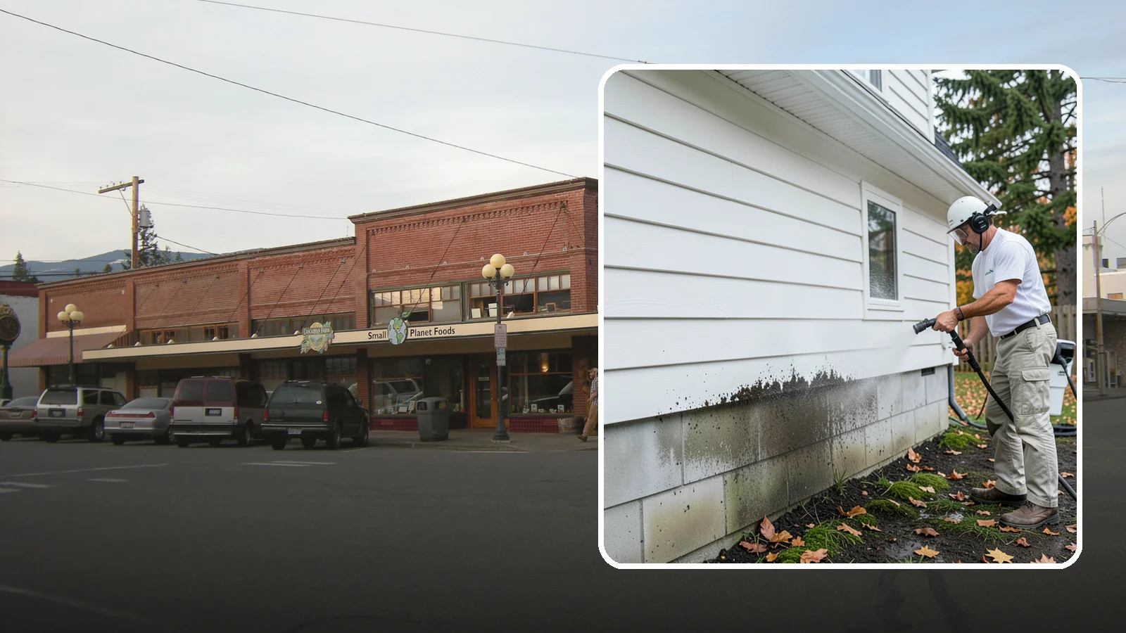 Foundation Cleaning in Sedro-Woolley, Skagit County, WA - We wash exposed foundation walls to clear the mud splash, moss, and efflorescence that build along the base of the home.