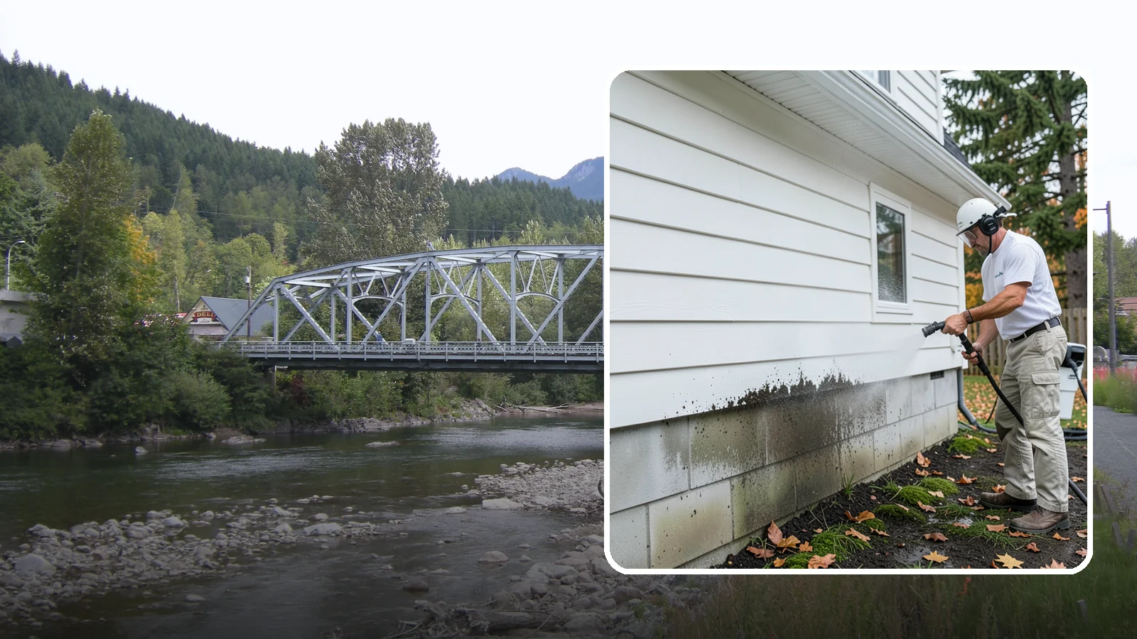 Foundation Cleaning in Skykomish, King County, WA - We wash exposed foundation walls to clear the mud splash, moss, and efflorescence that build along the base of the home.