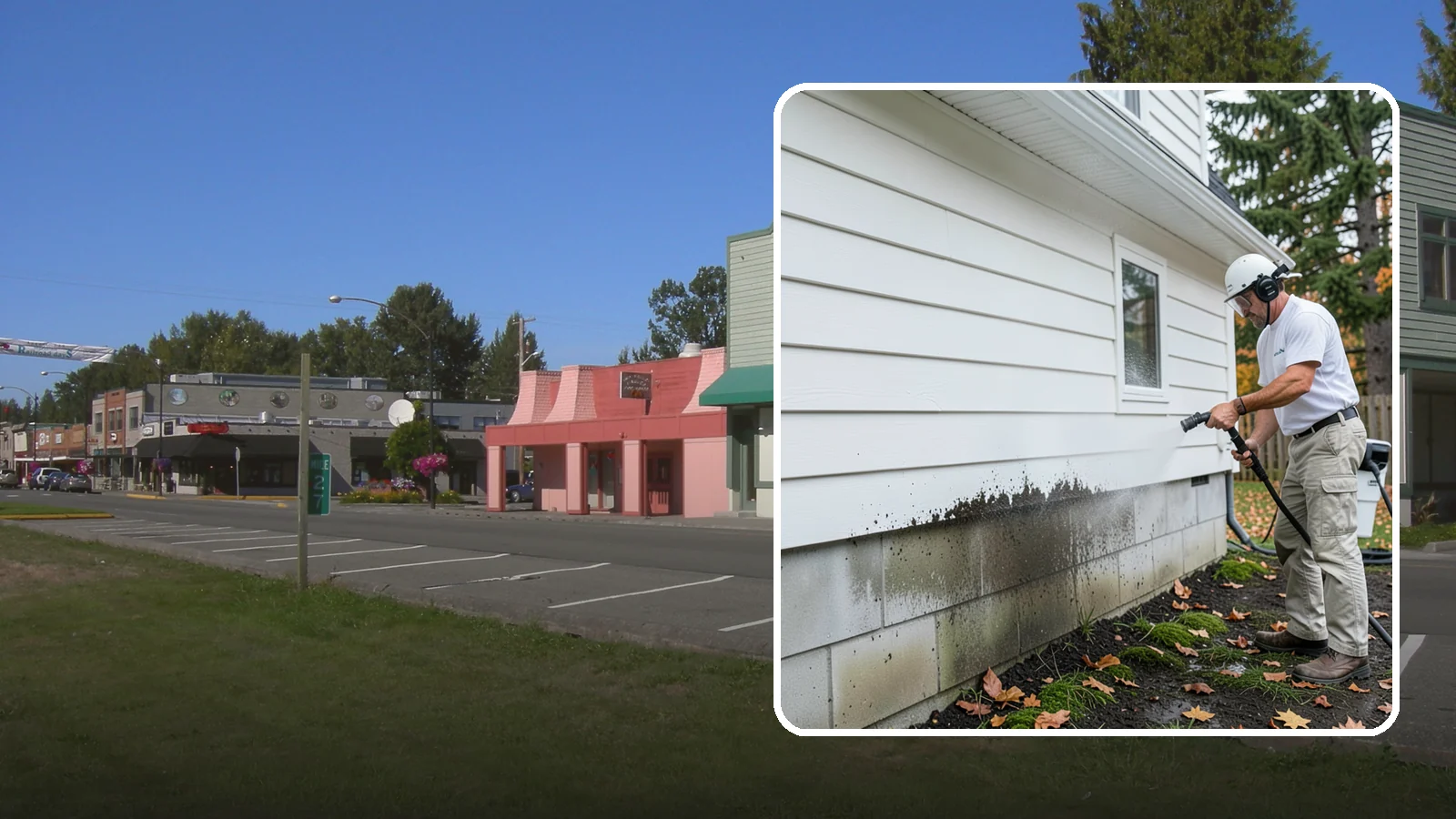 Foundation Cleaning in Snoqualmie, King County, WA - We wash exposed foundation walls to clear the mud splash, moss, and efflorescence that build along the base of the home.