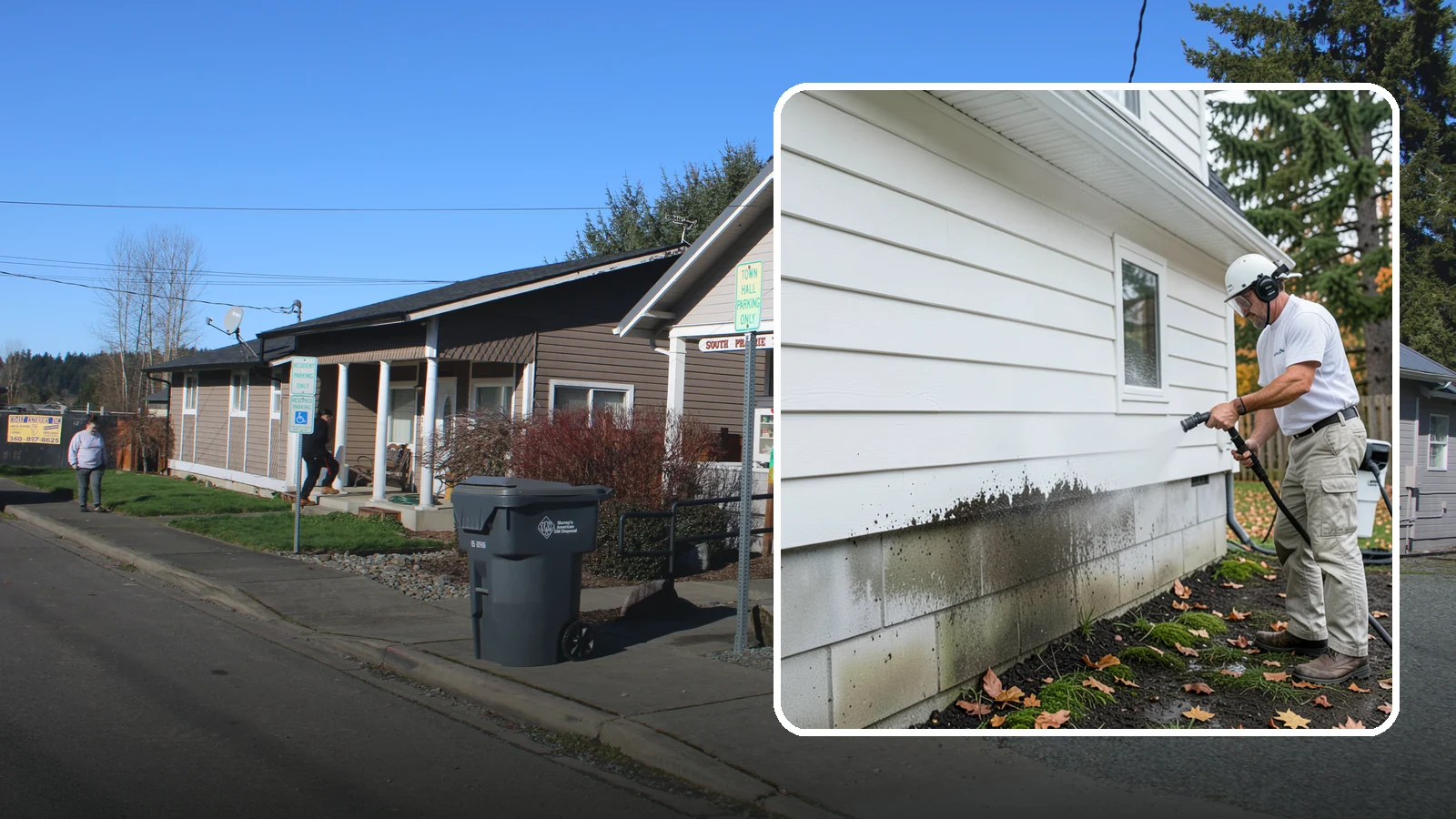 Foundation Cleaning in South Prairie, Pierce County, WA - We wash exposed foundation walls to clear the mud splash, moss, and efflorescence that build along the base of the home.