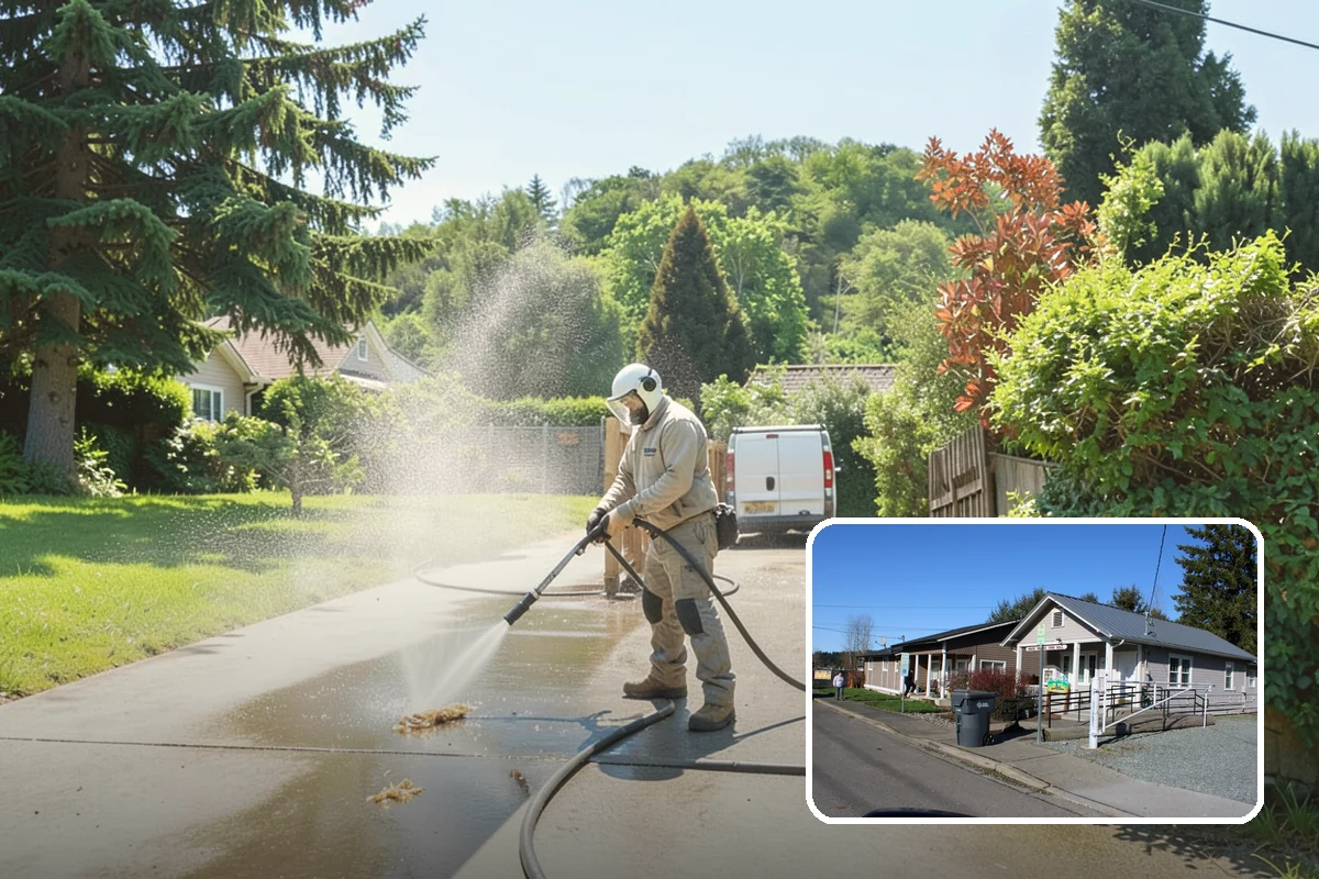 Foundation Cleaning in South Prairie, Pierce County, WA - Removes mud splash and moss from the base of the home