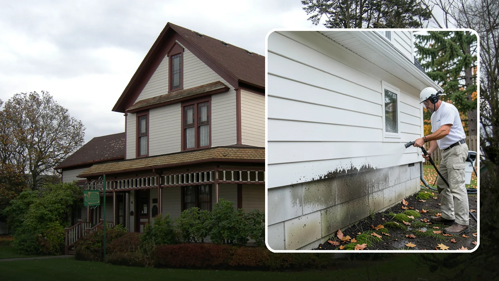Foundation Cleaning in Sumner, Pierce County, WA - We wash exposed foundation walls to clear the mud splash, moss, and efflorescence that build along the base of the home.