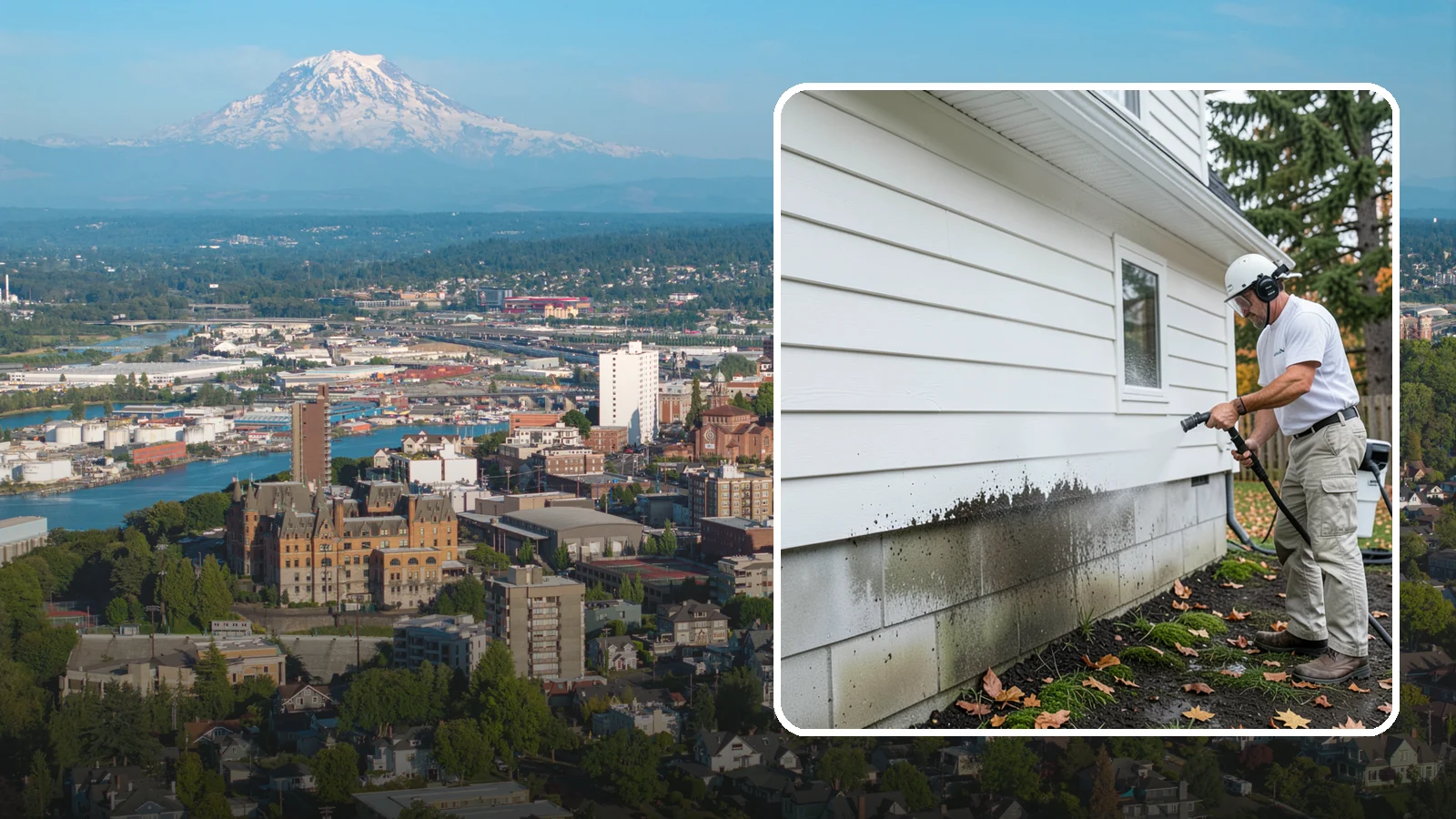 Foundation Cleaning in Tacoma, Pierce County, WA - We wash exposed foundation walls to clear the mud splash, moss, and efflorescence that build along the base of the home.