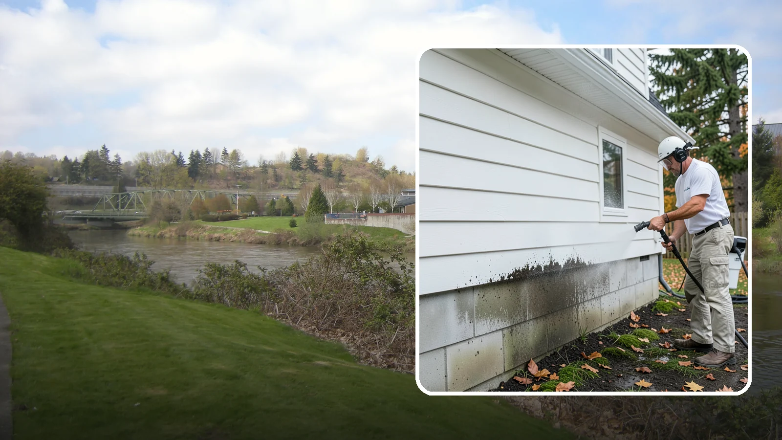 Foundation Cleaning in Tukwila, King County, WA - We wash exposed foundation walls to clear the mud splash, moss, and efflorescence that build along the base of the home.