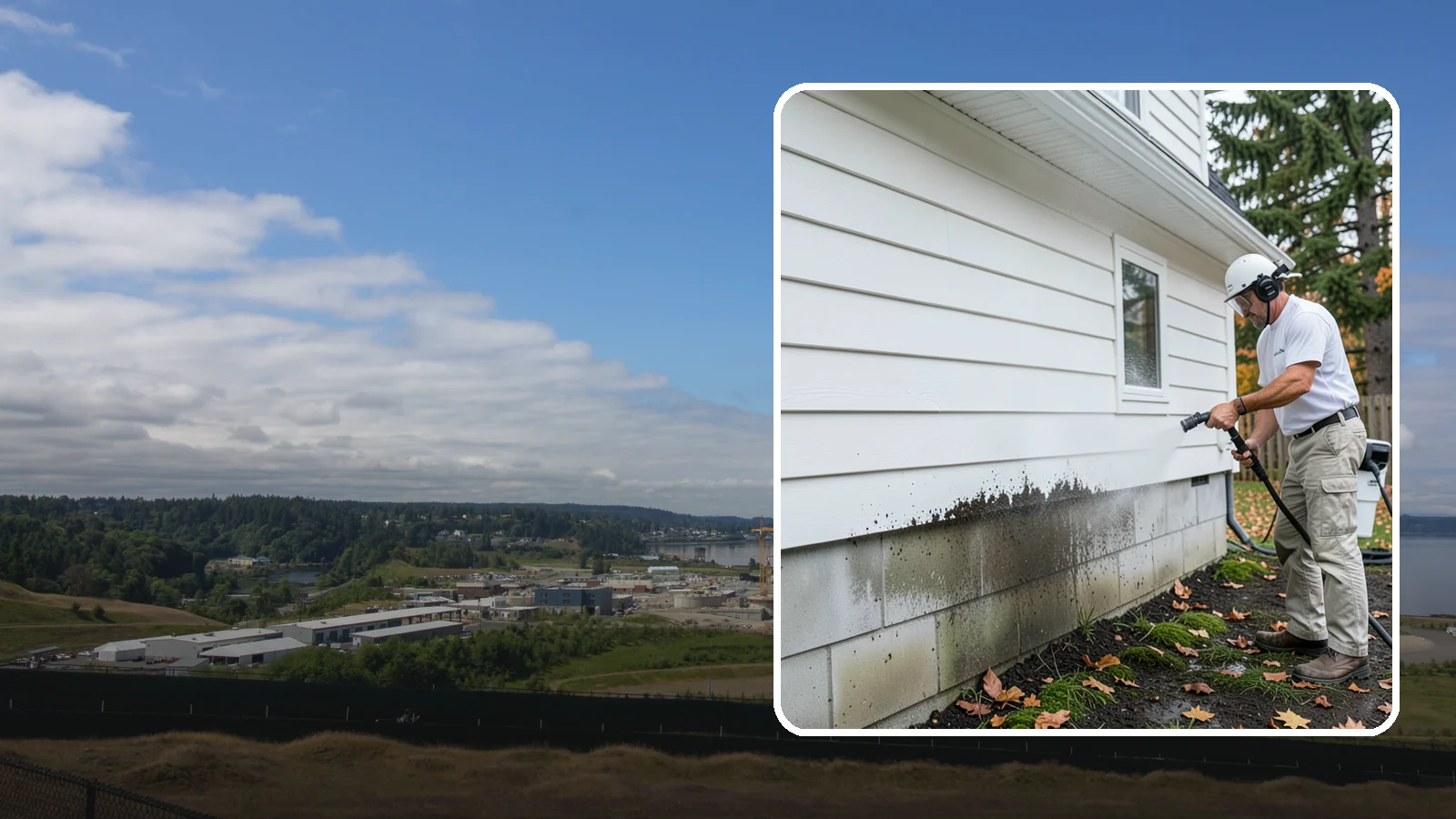 Foundation Cleaning in University Place, Pierce County, WA - We wash exposed foundation walls to clear the mud splash, moss, and efflorescence that build along the base of the home.