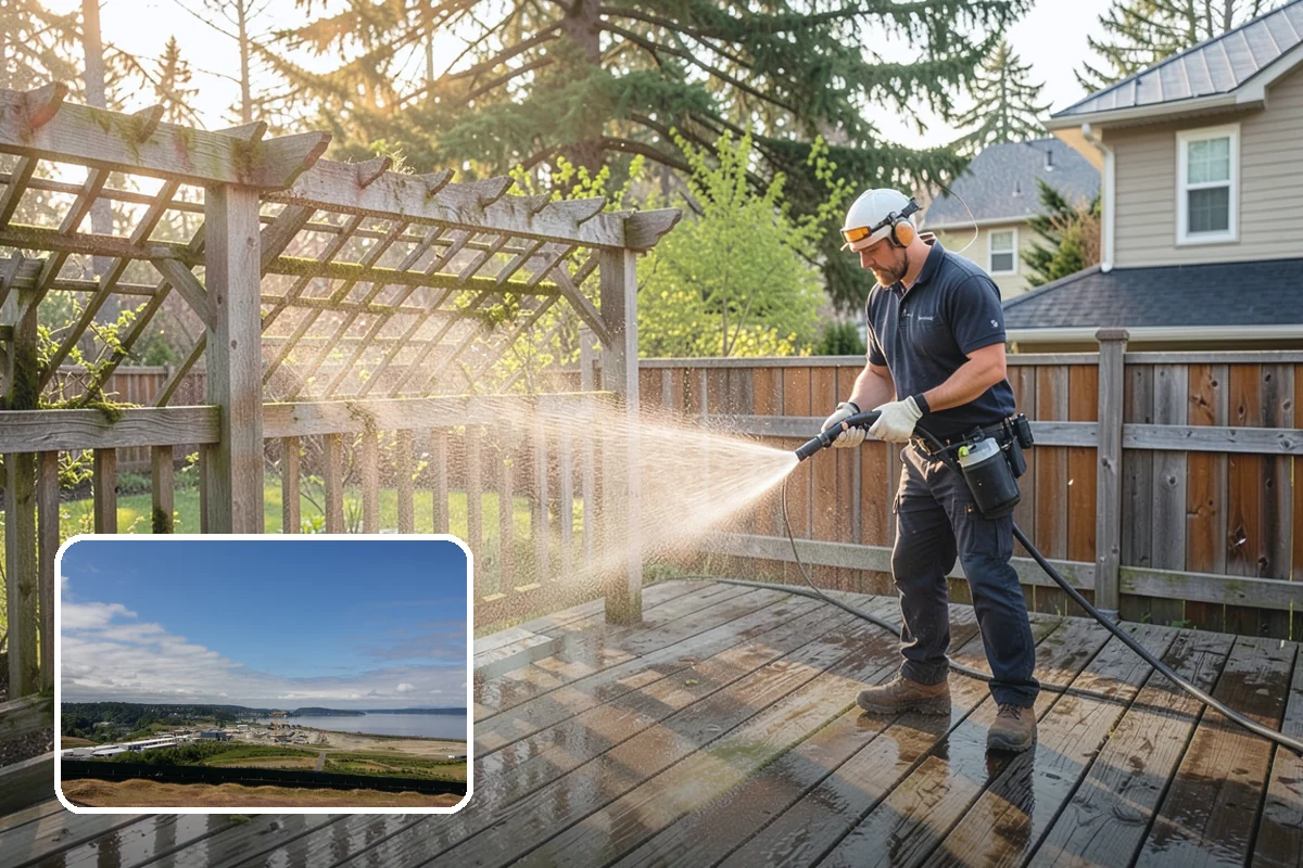 Foundation Cleaning in University Place, Pierce County, WA - Removes mud splash and moss from the base of the home