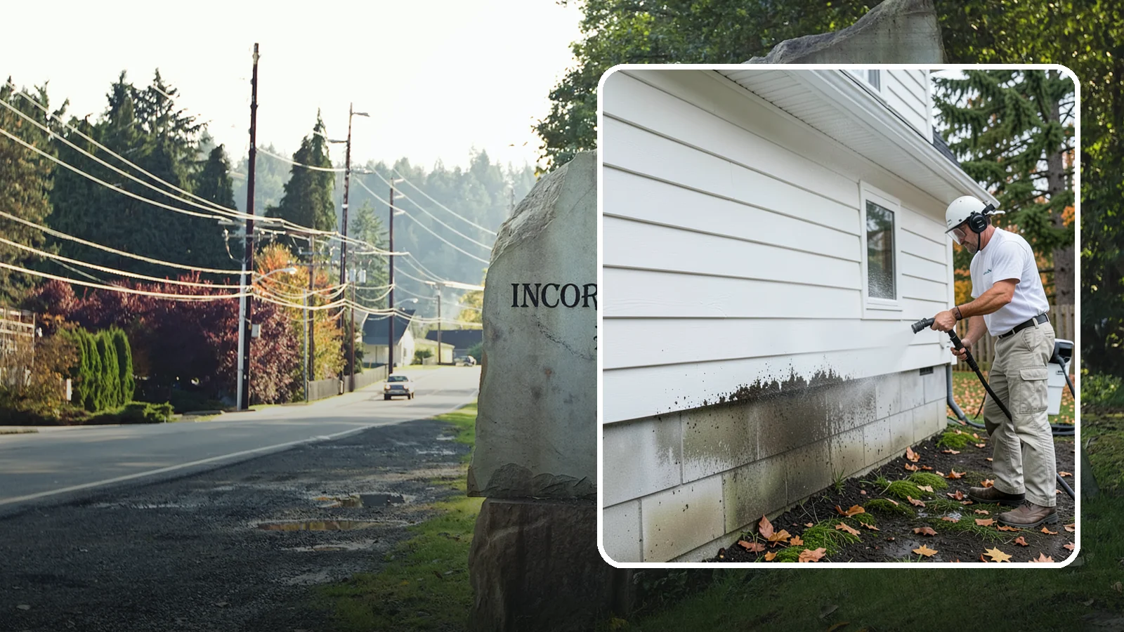 Foundation Cleaning in Wilkeson, Pierce County, WA - We wash exposed foundation walls to clear the mud splash, moss, and efflorescence that build along the base of the home.