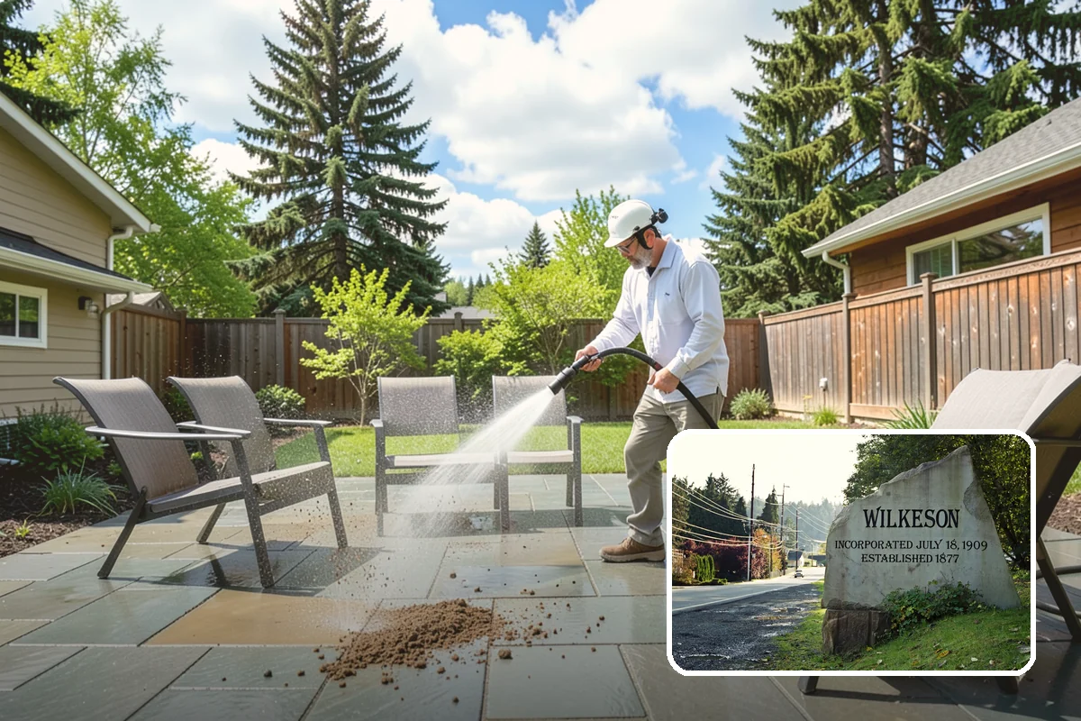 Foundation Cleaning in Wilkeson, Pierce County, WA - Removes mud splash and moss from the base of the home