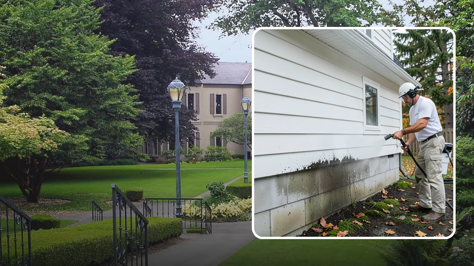 Foundation Cleaning in Woodinville, King County, WA - We wash exposed foundation walls to clear the mud splash, moss, and efflorescence that build along the base of the home.