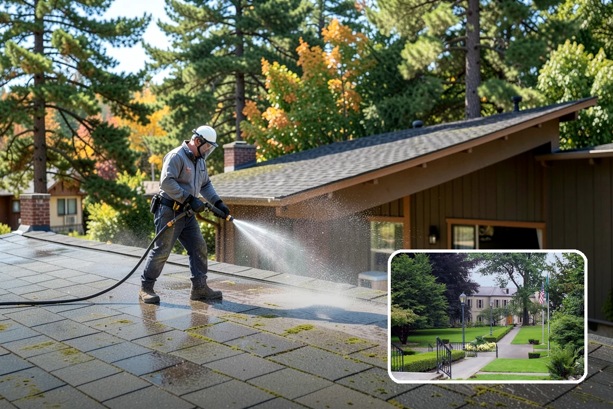 Foundation Cleaning in Woodinville, King County, WA - Removes mud splash and moss from the base of the home