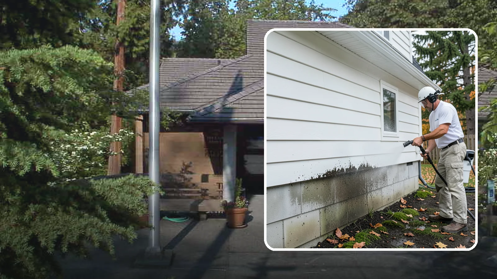 Foundation Cleaning in Yarrow Point, King County, WA - We wash exposed foundation walls to clear the mud splash, moss, and efflorescence that build along the base of the home.