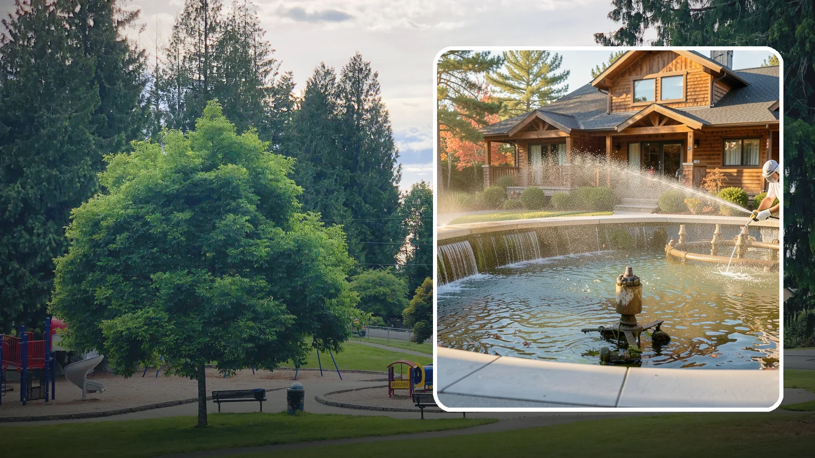 Fountain Cleaning in Bonney Lake, Pierce County, WA - We clean outdoor fountains to clear algae, mineral scale, and hard-water lines from basins and cascading surfaces.