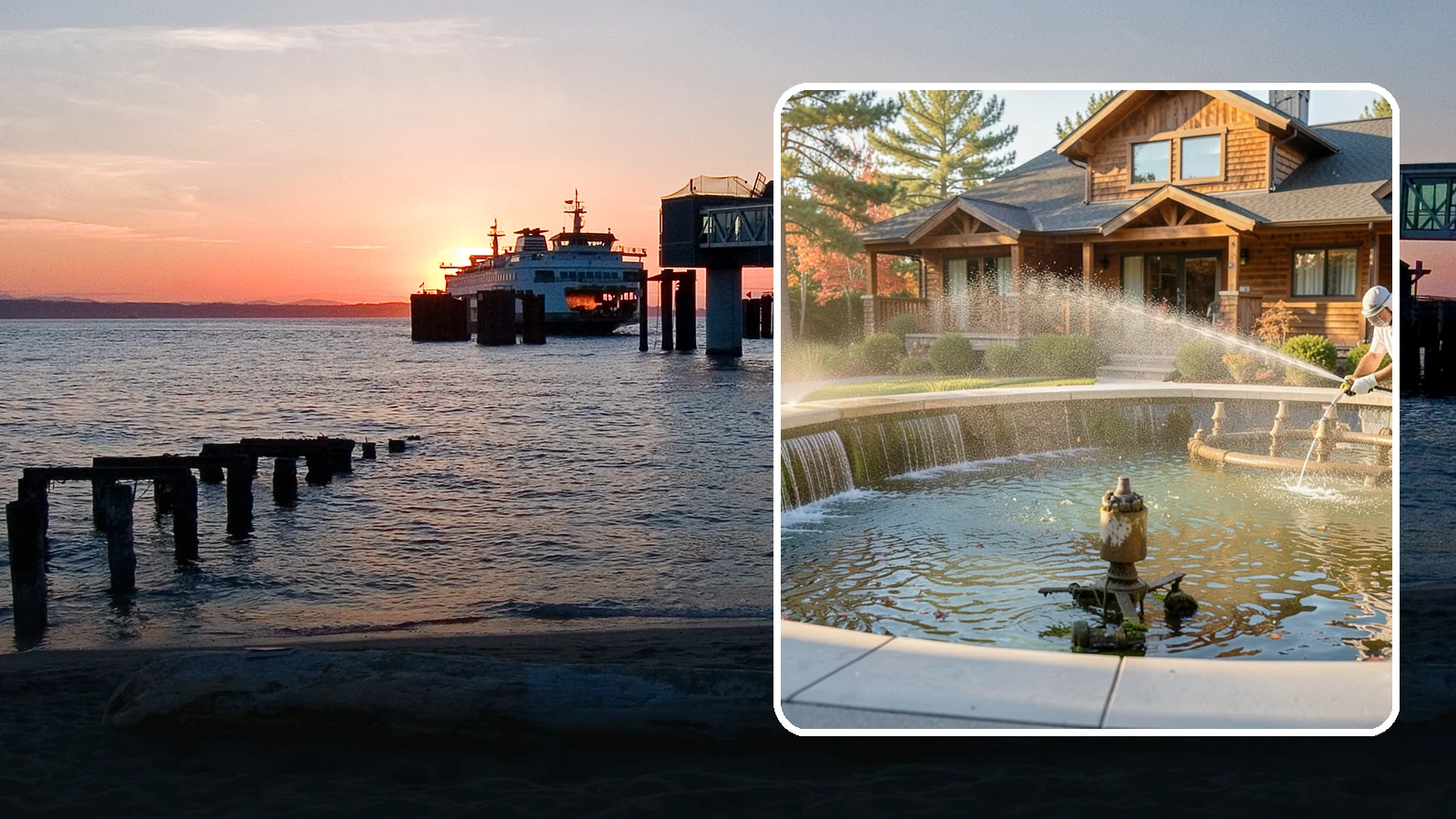 Fountain Cleaning in Edmonds, Snohomish County, WA - We clean outdoor fountains to clear algae, mineral scale, and hard-water lines from basins and cascading surfaces.