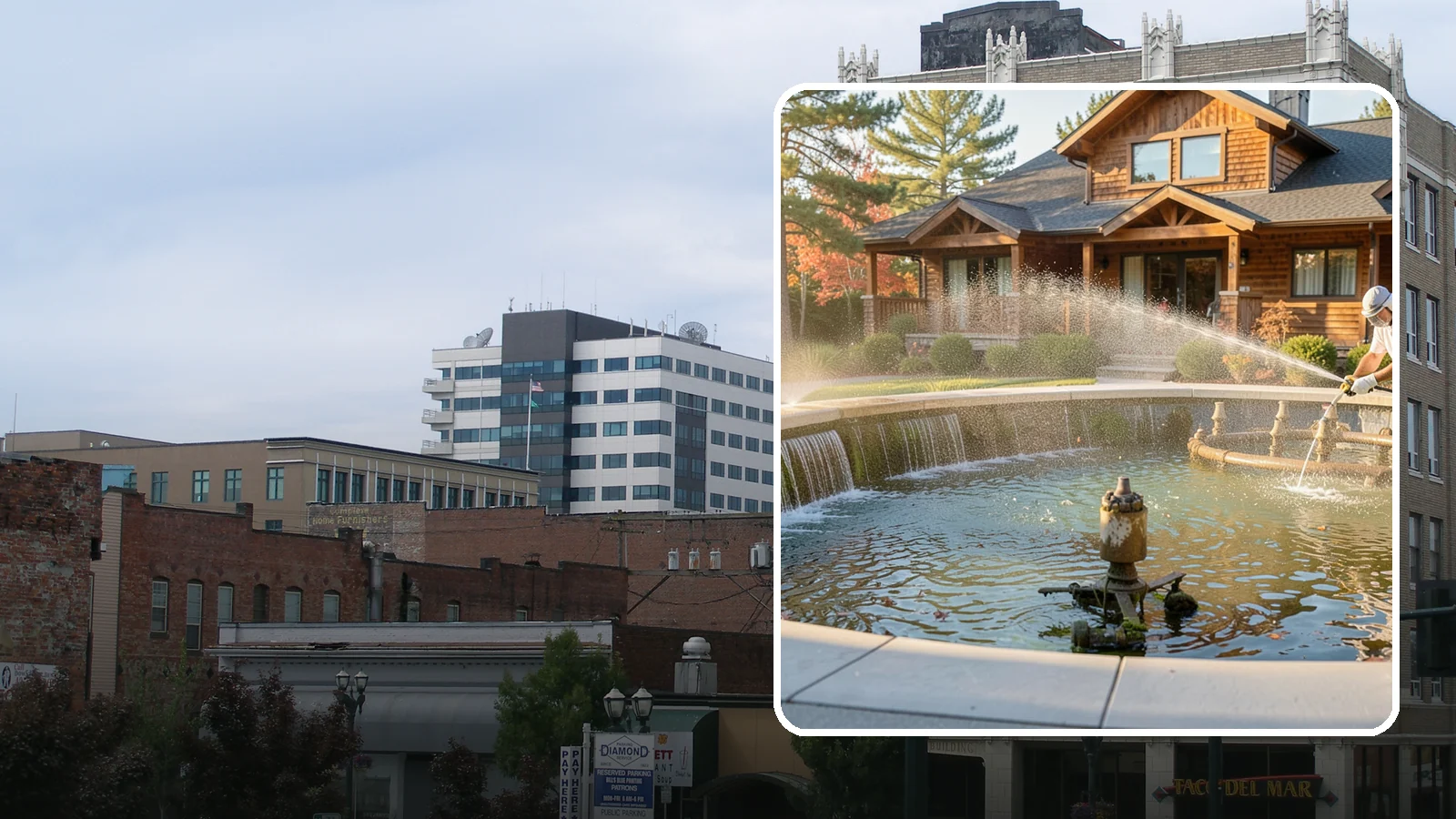 Fountain Cleaning in Everett, Snohomish County, WA - We clean outdoor fountains to clear algae, mineral scale, and hard-water lines from basins and cascading surfaces.