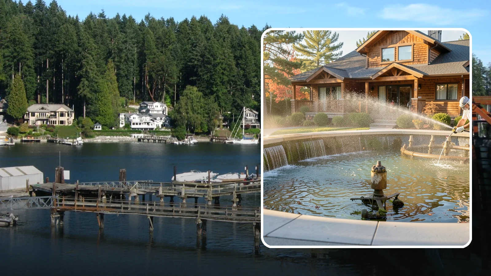 Fountain Cleaning in Gig Harbor, Pierce County, WA - We clean outdoor fountains to clear algae, mineral scale, and hard-water lines from basins and cascading surfaces.