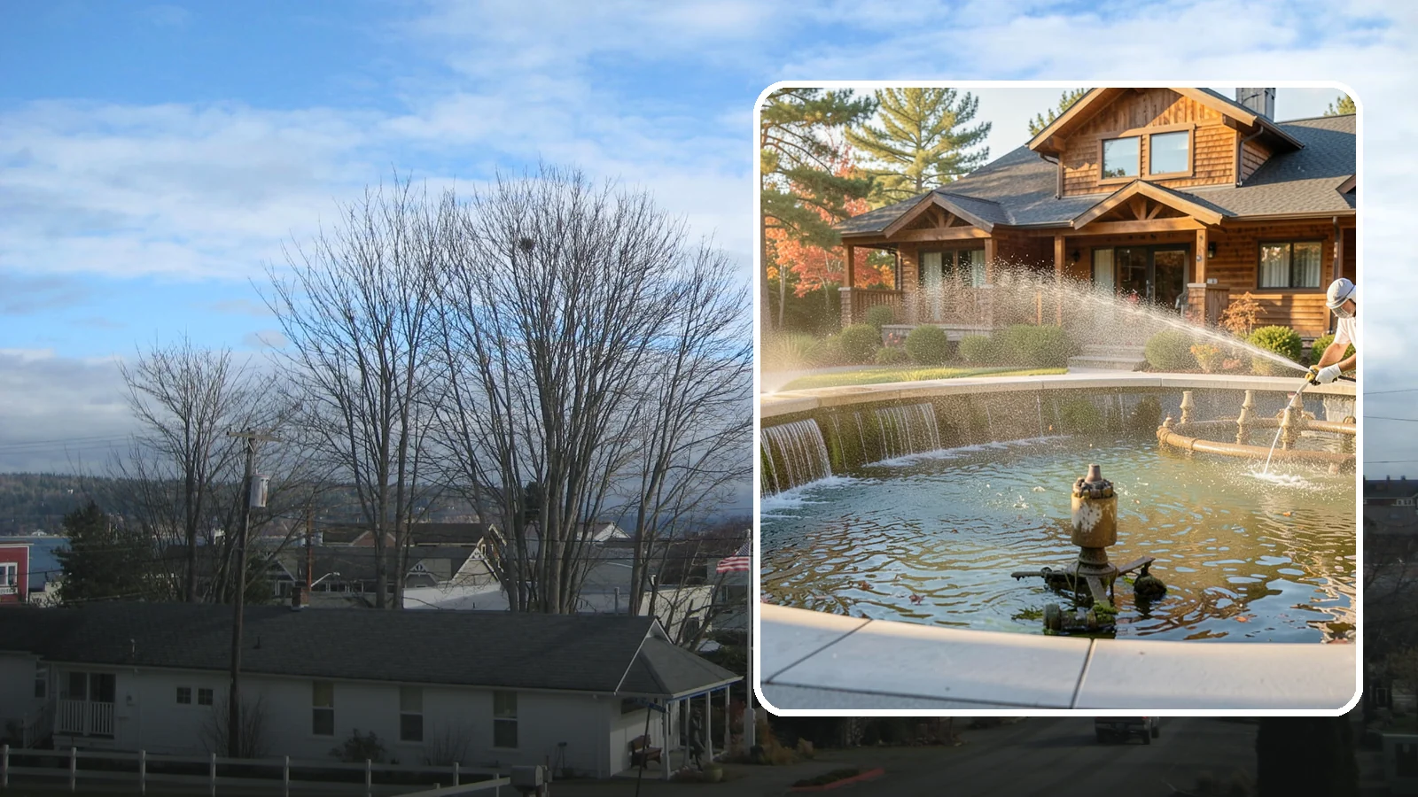 Fountain Cleaning in Langley, Island County, WA - We clean outdoor fountains to clear algae, mineral scale, and hard-water lines from basins and cascading surfaces.