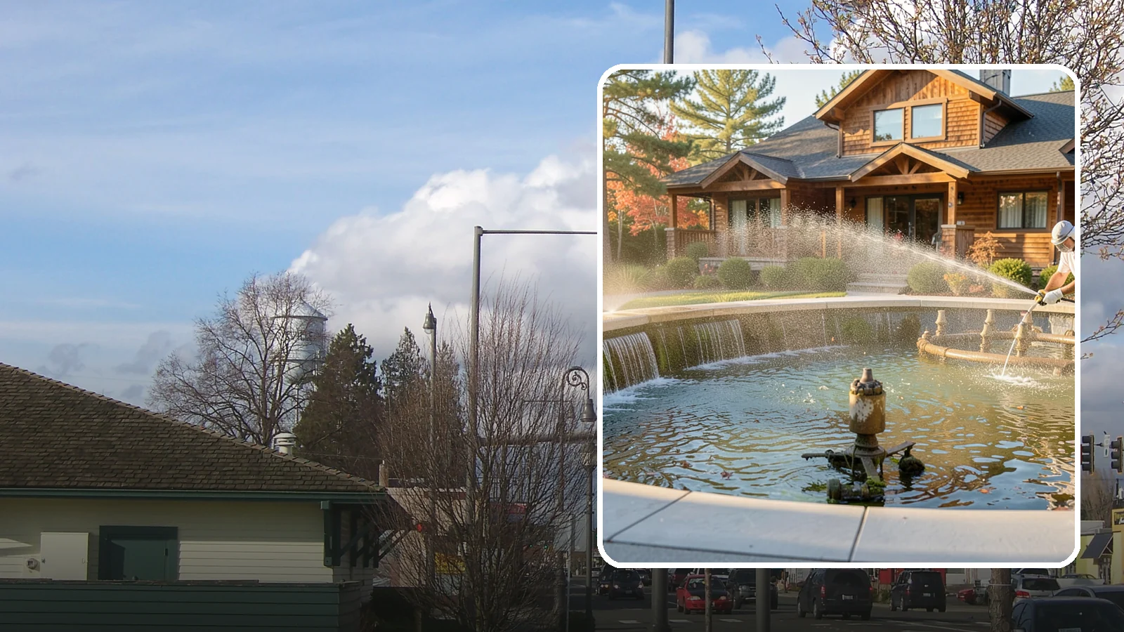Fountain Cleaning in Marysville, Snohomish County, WA - We clean outdoor fountains to clear algae, mineral scale, and hard-water lines from basins and cascading surfaces.