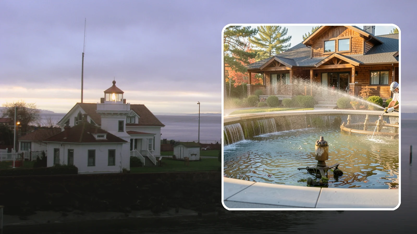 Fountain Cleaning in Mukilteo, Snohomish County, WA - We clean outdoor fountains to clear algae, mineral scale, and hard-water lines from basins and cascading surfaces.
