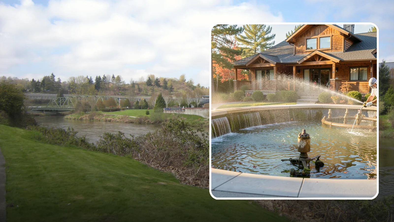 Fountain Cleaning in Tukwila, King County, WA - We clean outdoor fountains to clear algae, mineral scale, and hard-water lines from basins and cascading surfaces.