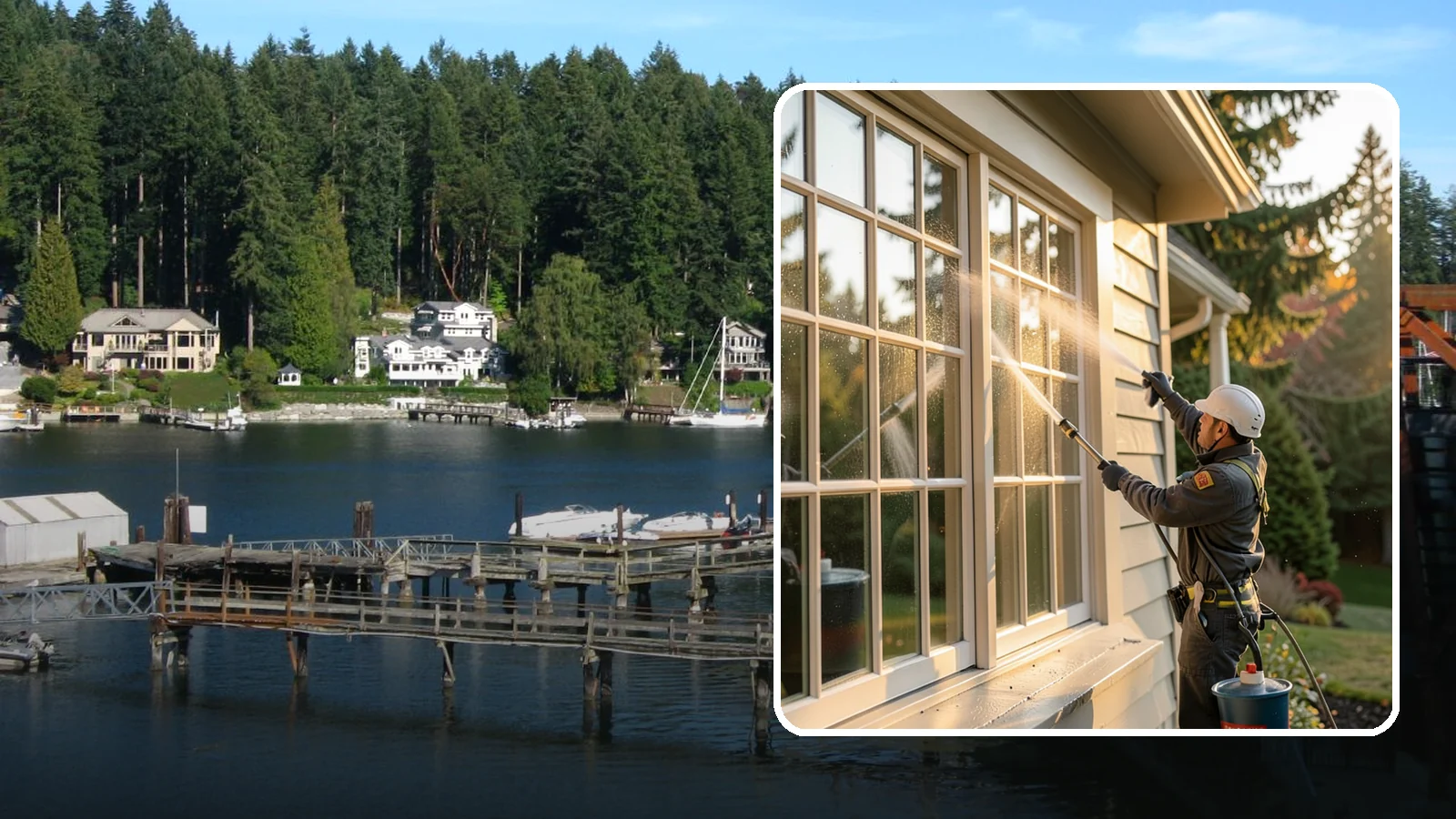 French Window Cleaning in Gig Harbor, Pierce County, WA - Detailed cleaning of multi-pane French windows, clearing every divided light and the muntins between them.