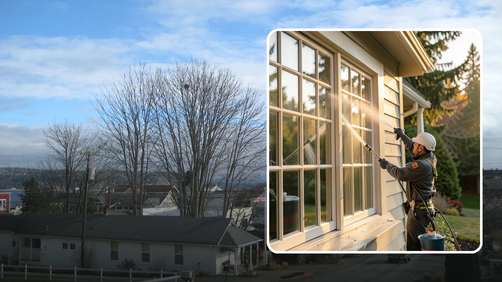 French Window Cleaning in Langley, Island County, WA - Detailed cleaning of multi-pane French windows, clearing every divided light and the muntins between them.