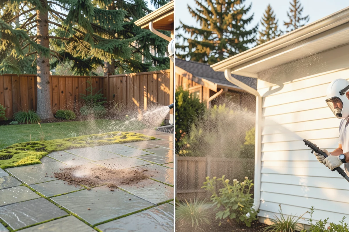 Front Walkway Washing in Sumner, Pierce County, WA - Clear needles and leaf litter from the full run