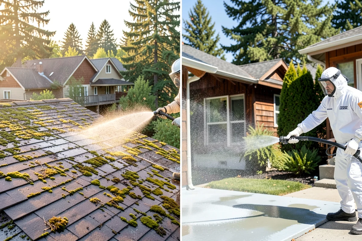 Full Exterior Cleaning Package in Arlington, Snohomish County, WA - Soft wash the roof and treat moss and streaking