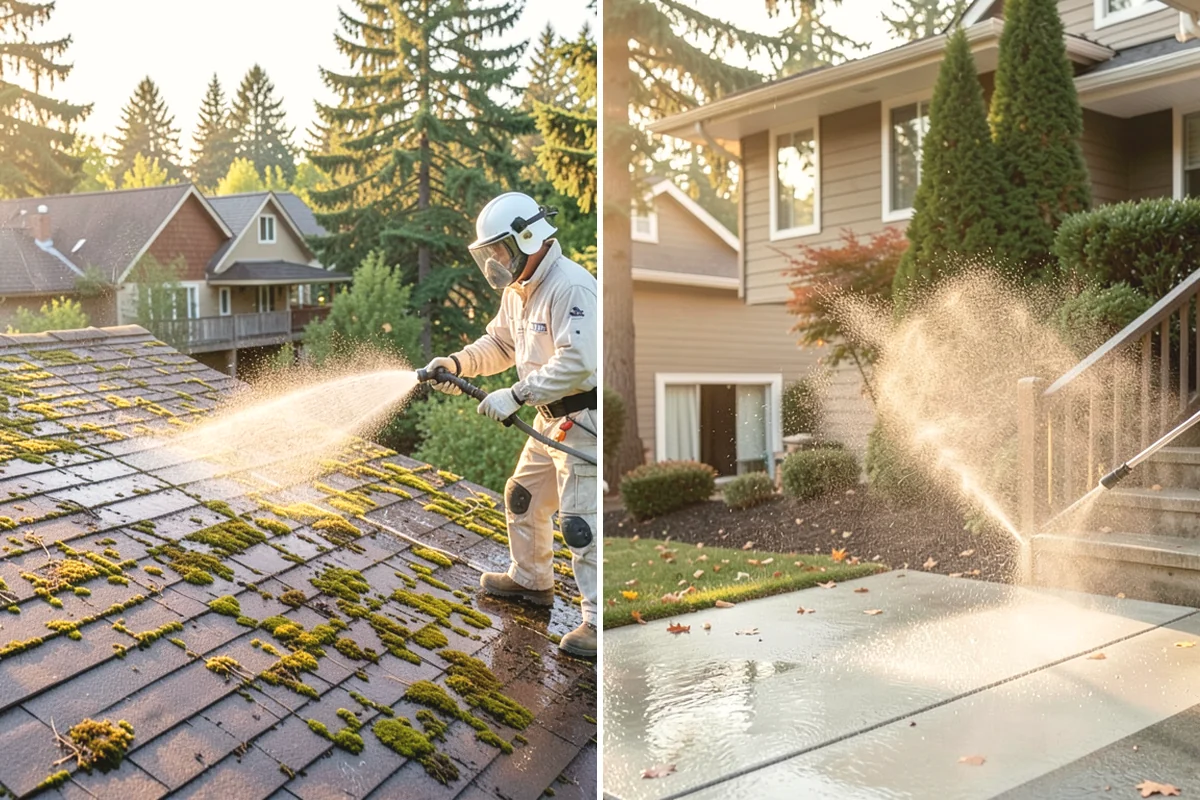 Full Exterior Cleaning Package in Edgewood, Pierce County, WA - Soft wash the roof and treat moss and streaking
